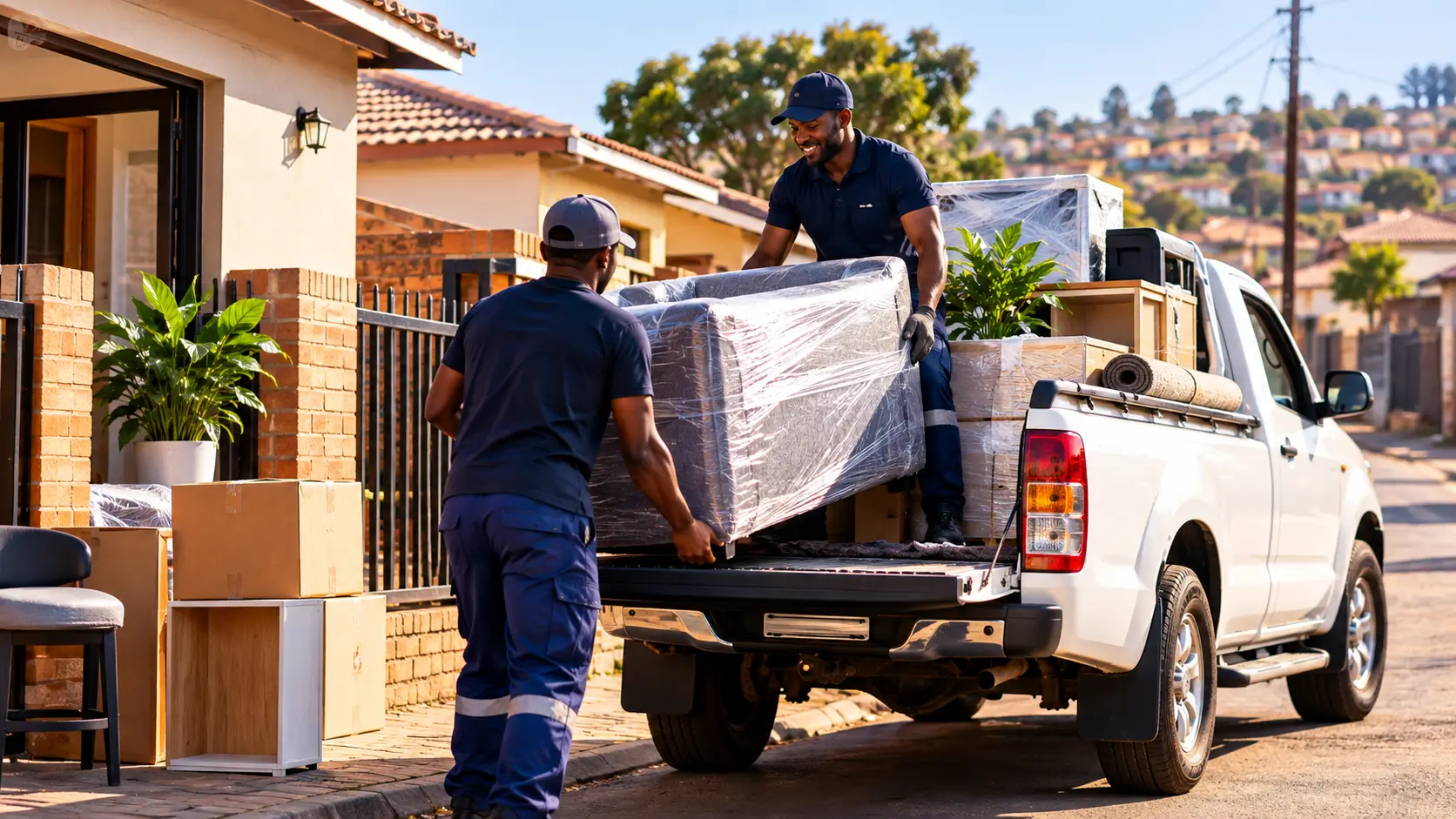 Transporters helping load goods onto a bakkie