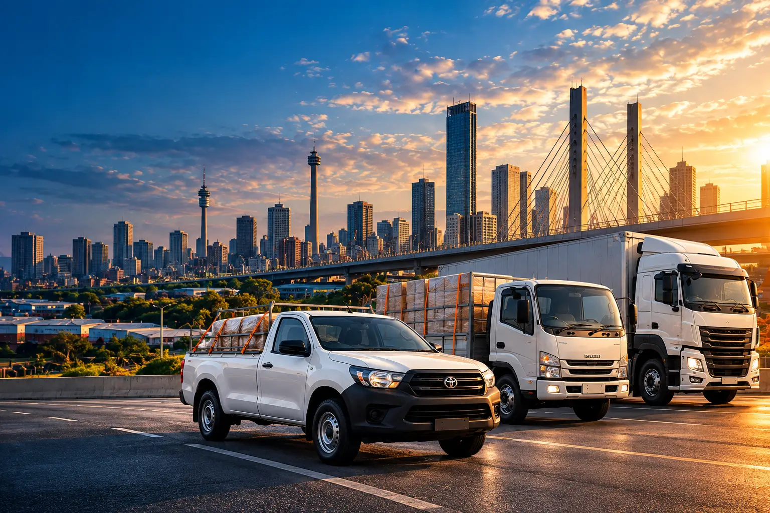 Bakkie, mini truck and larger truck ready for transport work in South Africa